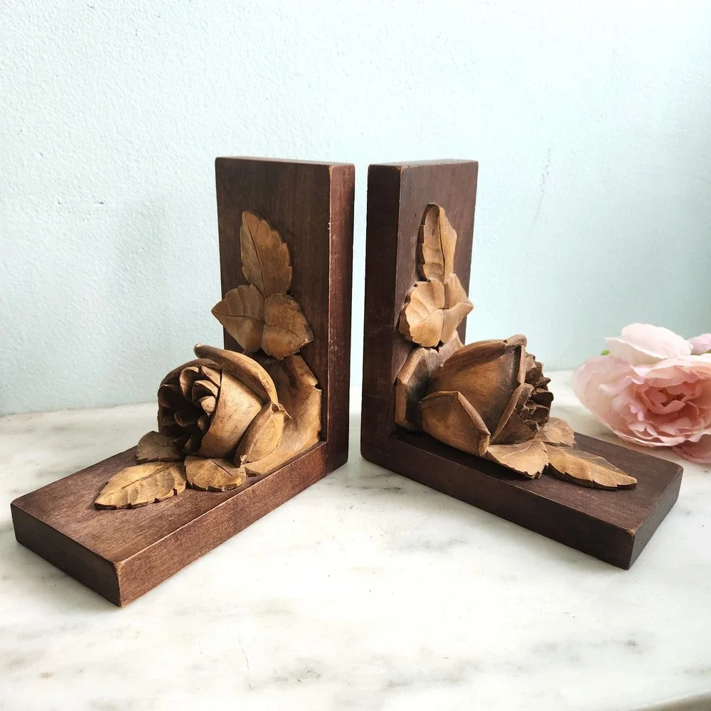 Antique Rose Wood Bookends Hand Carved‎ Floral Library French Country Decor
